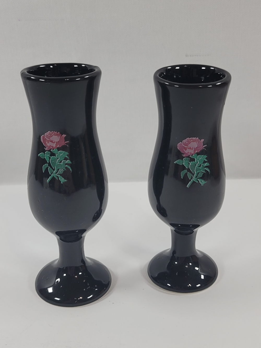 Black Glass Bud Vases with Pink Rose Motif - Set of 2